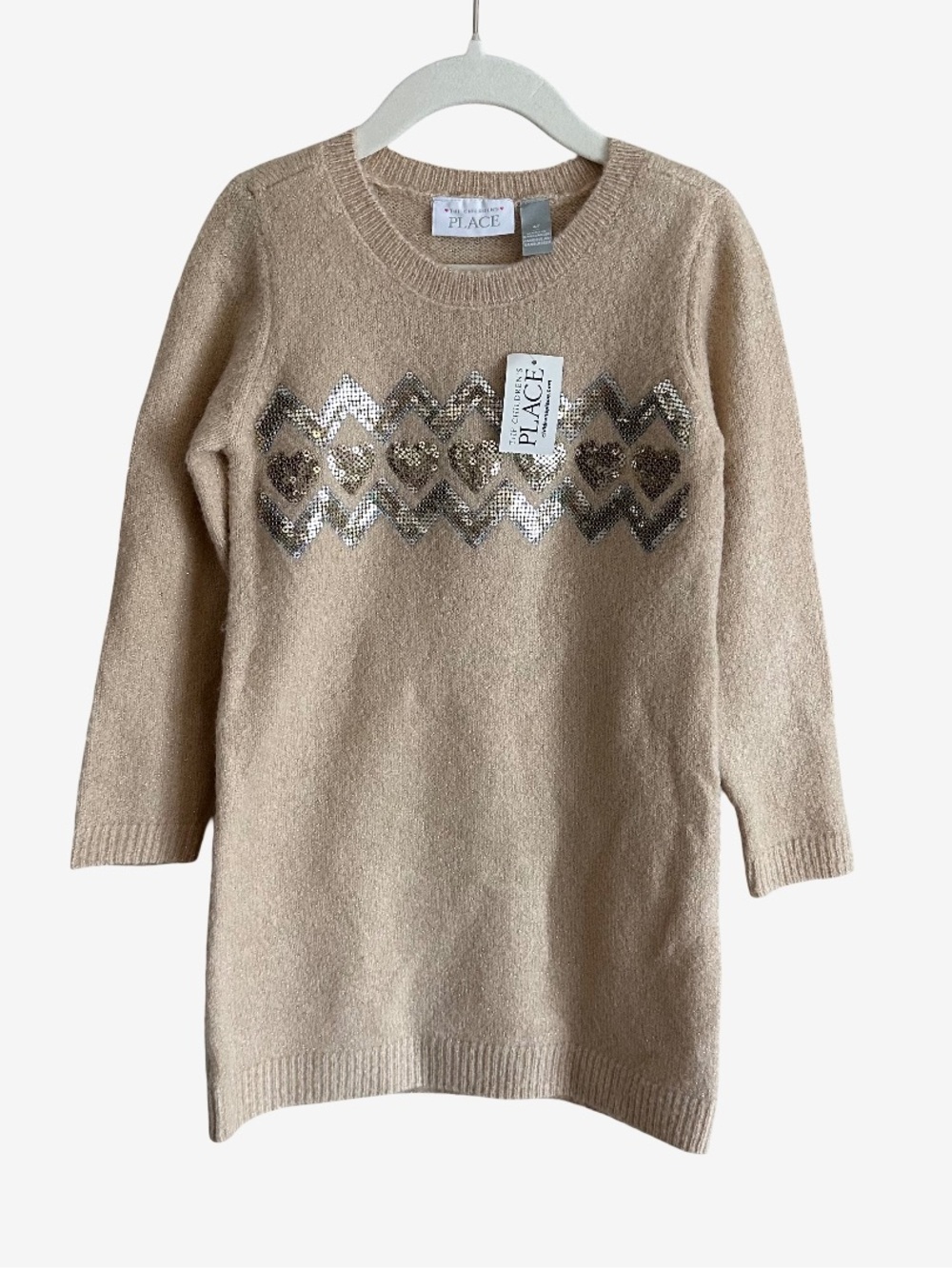 NWT The Children’s Place Girls Sequin Heart Sweater Dress Toasted Cashew 4T